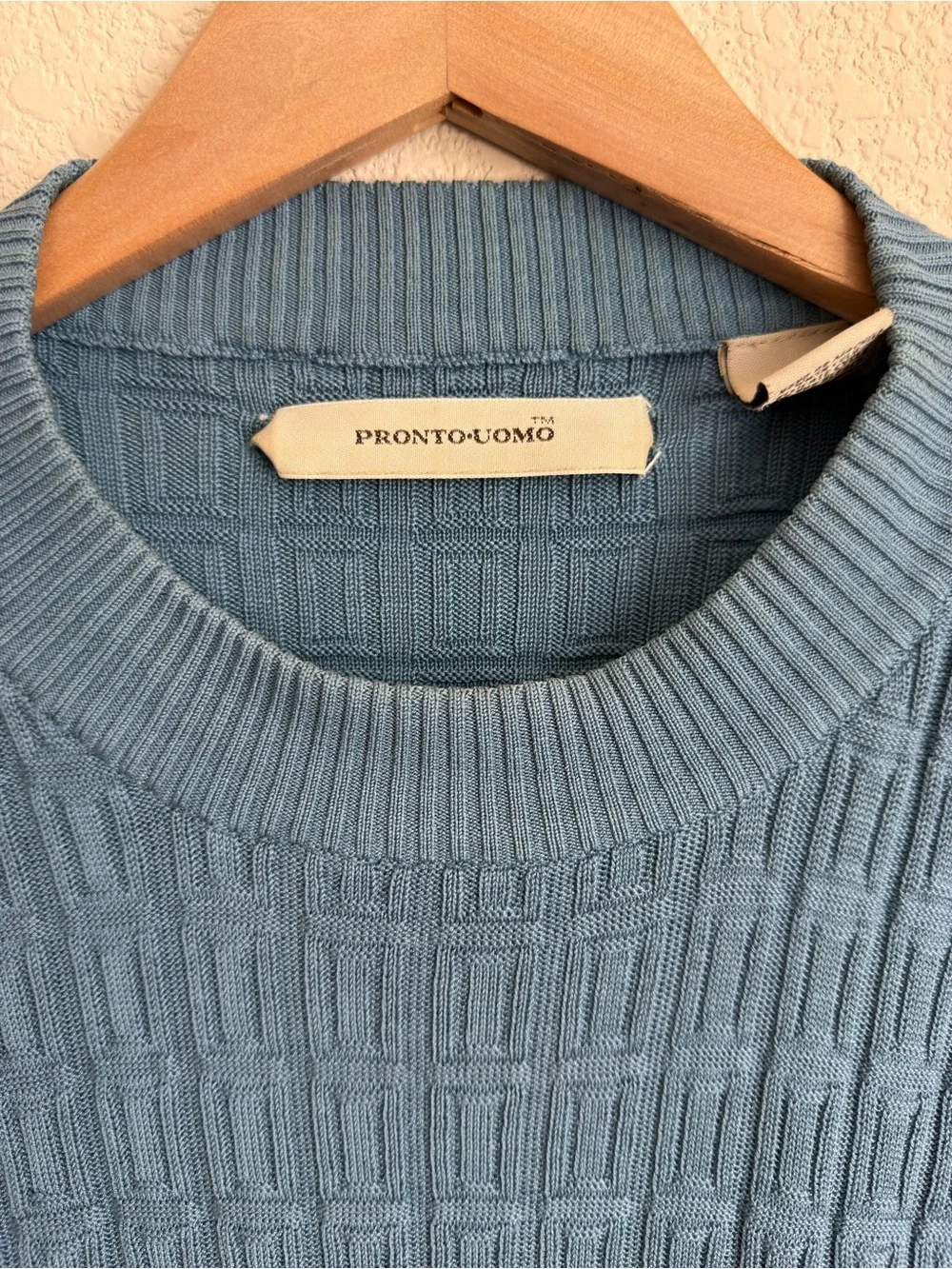 Pronto Uomo Men's XXL Blue Silk Cotton Textured Short Sleeve Crewneck Sweater